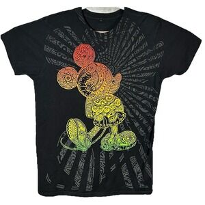 Mickey Mouse T-Shirt Women's Medium Black Rasta Mandela Orange Yellow Green